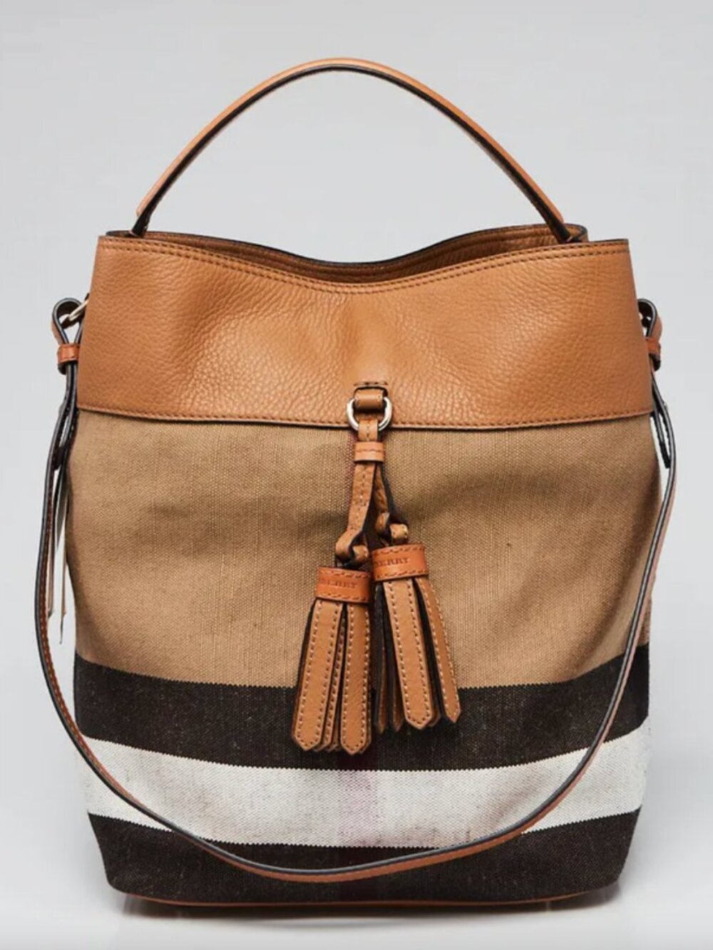 BURBERRY Brown Check Canvas Asby Tassel Bucket Bag